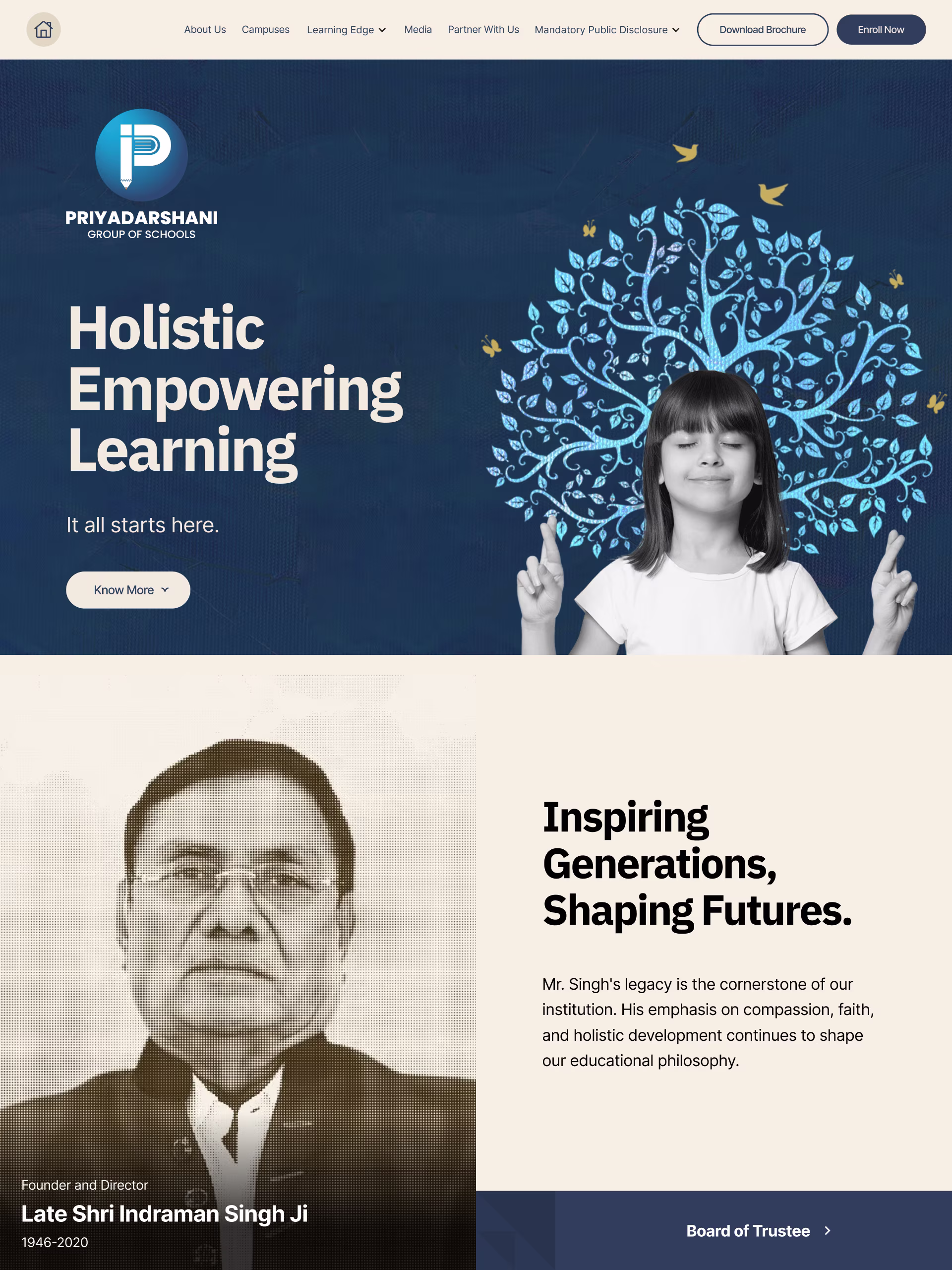 Priyadarshani Group of Schools Pune website homepage showing holistic empowering learning banner with student image and founder Late Shri Indraman Singh Ji tribute. Modern school website design by Zilitone.