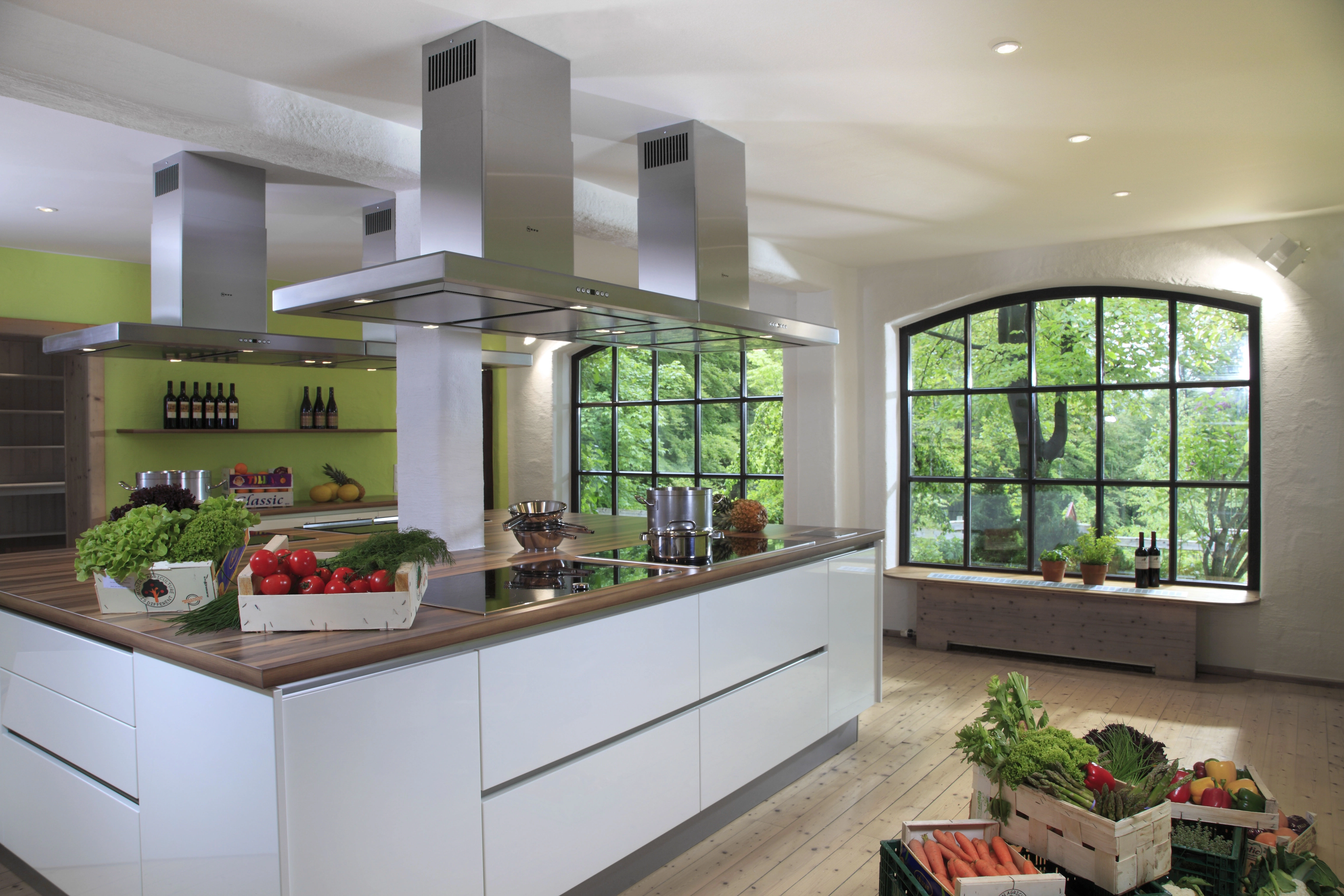 Moderne Kücheninsel mit Kochfeldern, Dunstabzugshauben und frischem Gemüse neben großen Fenstern mit Blick auf grüne Bäume.