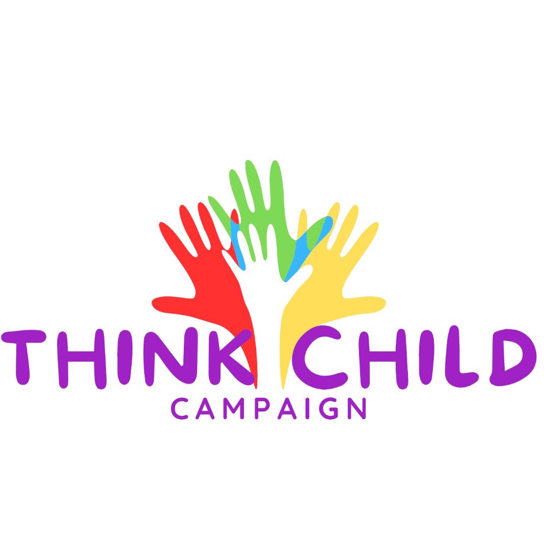 Transparent Think Child Logo, coloured red, green and yellow with purple flairs.