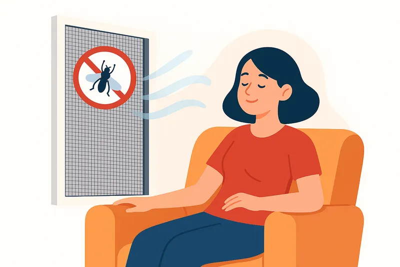 Illustration of a woman next to a closed window with insect screen – symbol of insect protection