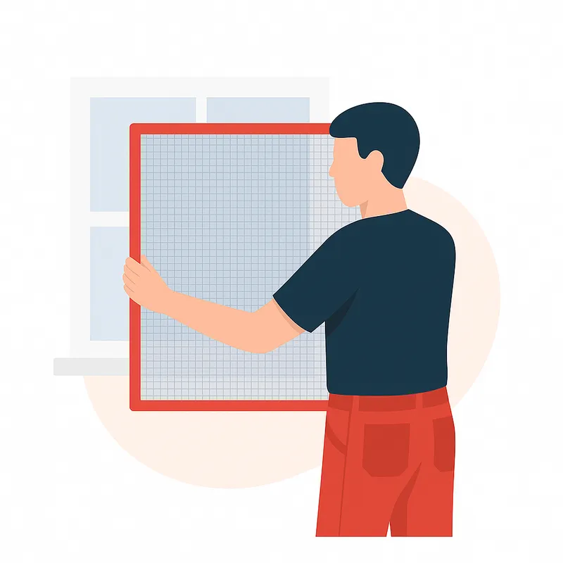 Illustration of a craftsman installing an insect screen on a window