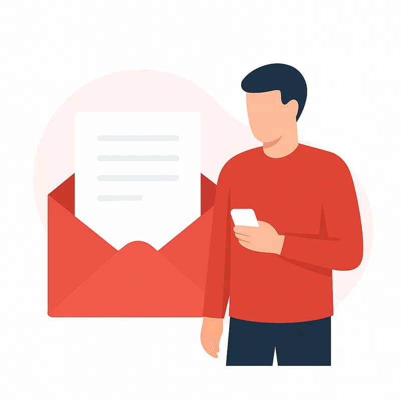 Illustration of a person holding a smartphone and an envelope – representing contact or inquiry