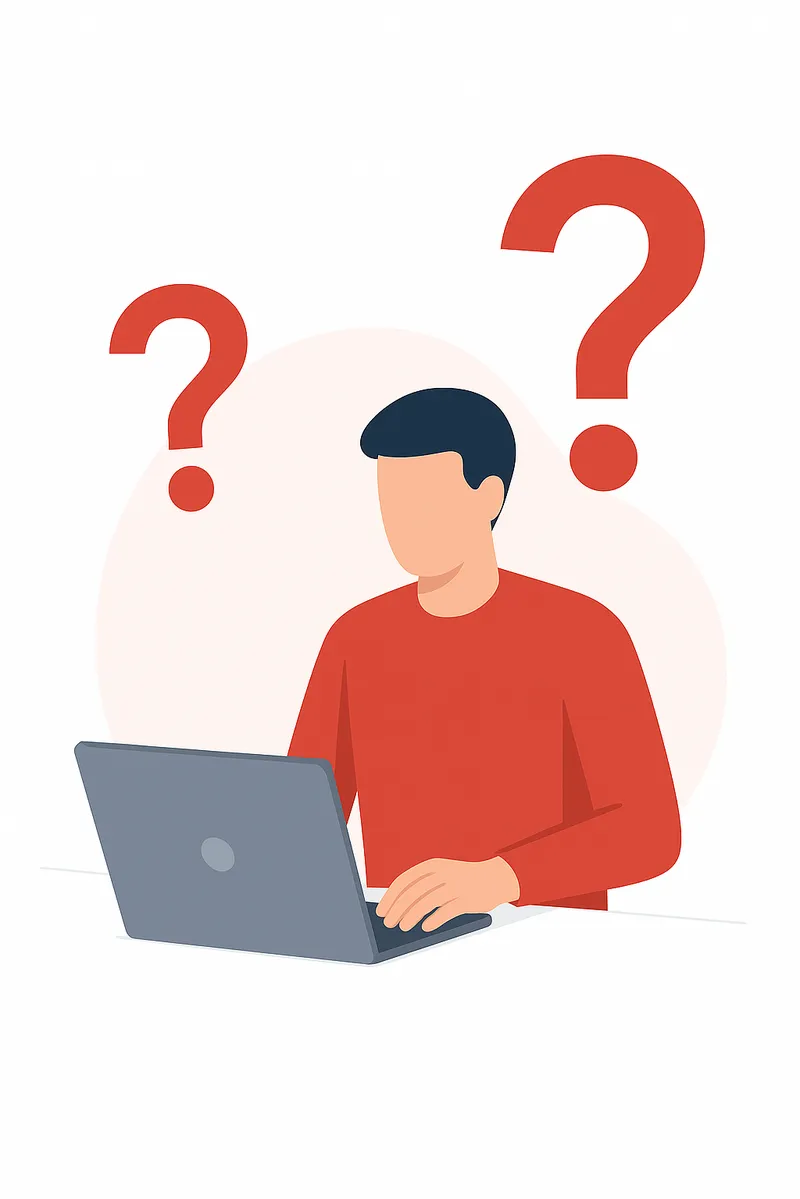 llustration of a man at a laptop with question marks – representing frequently asked questions (FAQ)