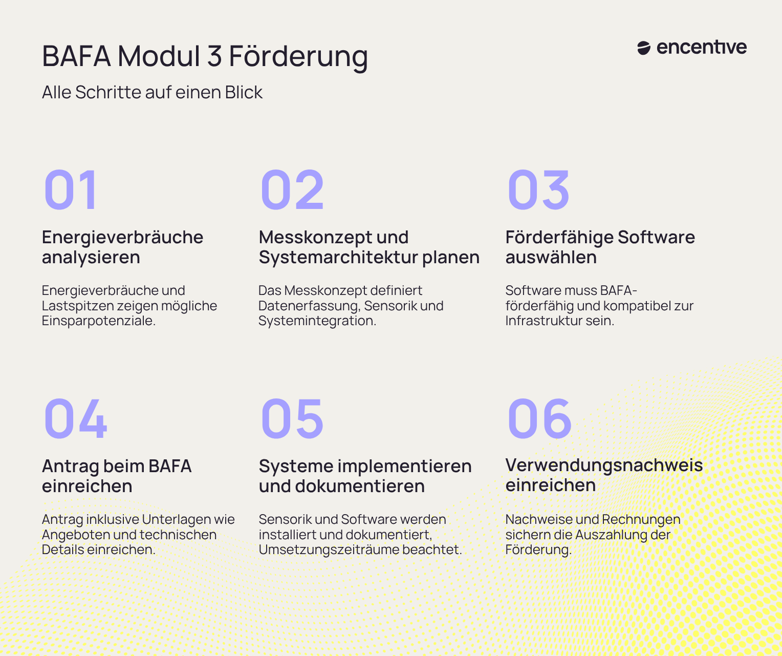 nfografik von encentive zur BAFA Modul 3 Förderung mit sechs Schritten zur Beantragung eines Energiemanagementsystems: Energieverbräuche analysieren, Messkonzept planen, förderfähige Software auswählen, BAFA-Antrag einreichen, Systeme implementieren und Verwendungsnachweis einreichen.