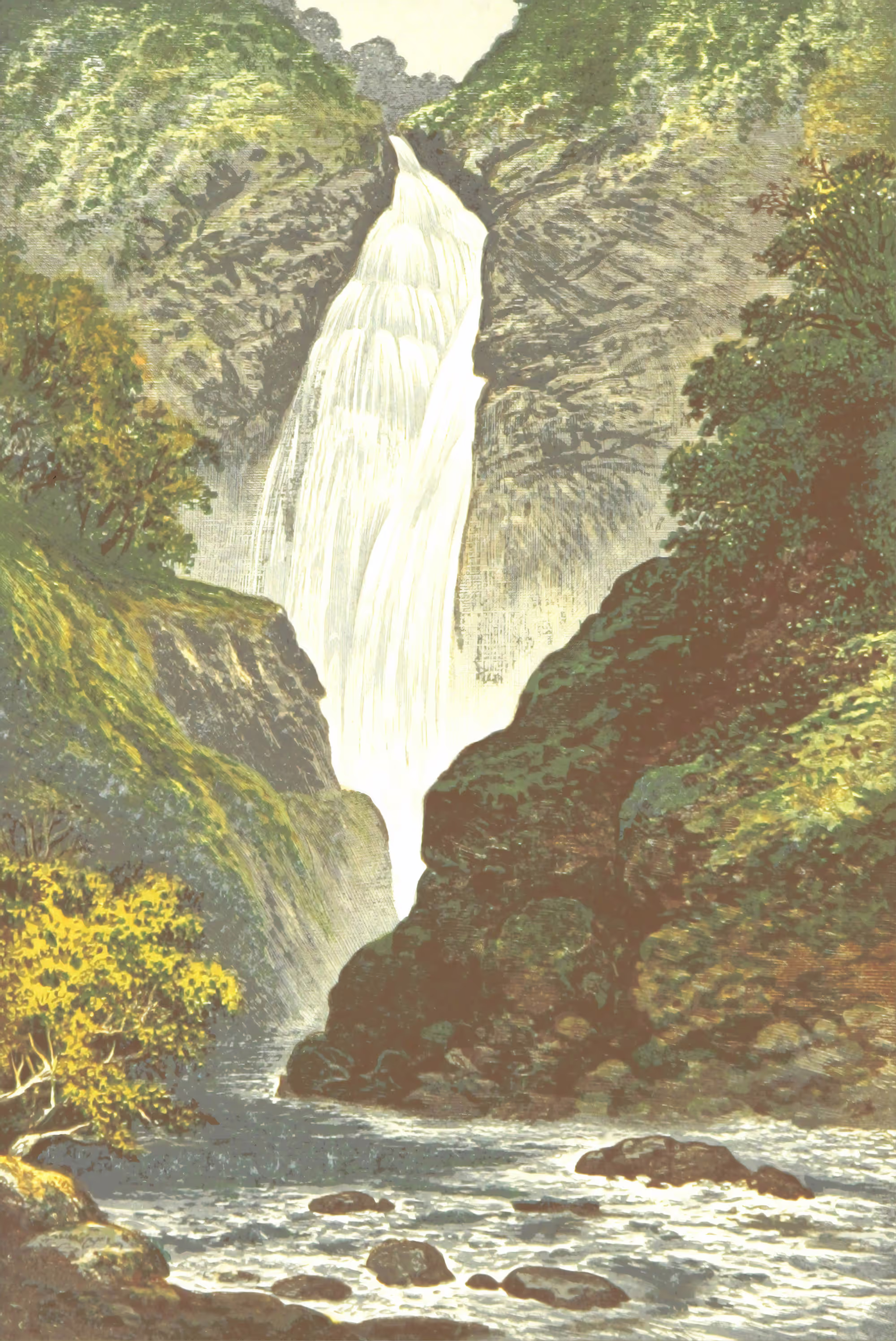 A vintage illustration of a majestic waterfall surrounded by lush greenery