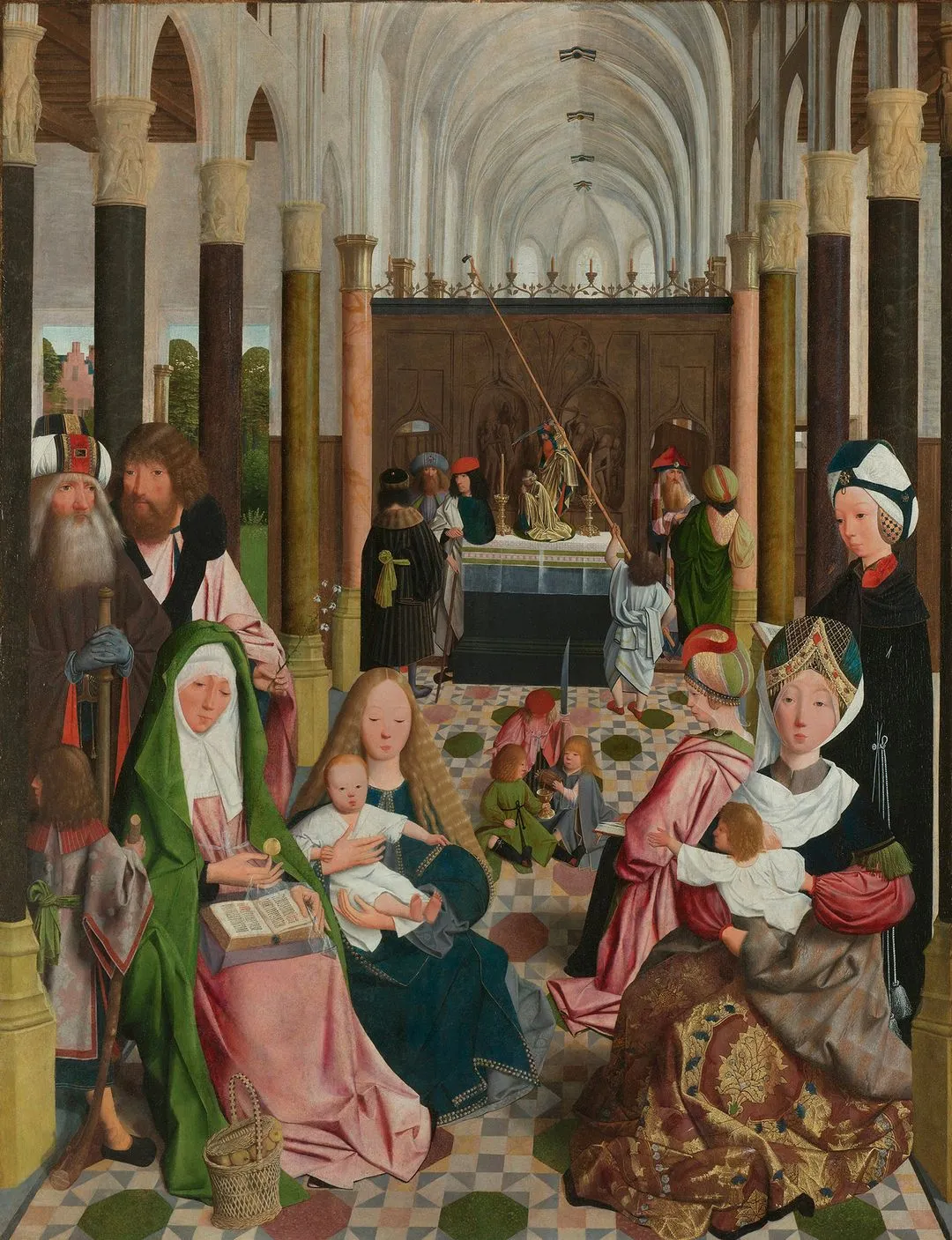 Painting of a historical church scene with people in elaborate attire