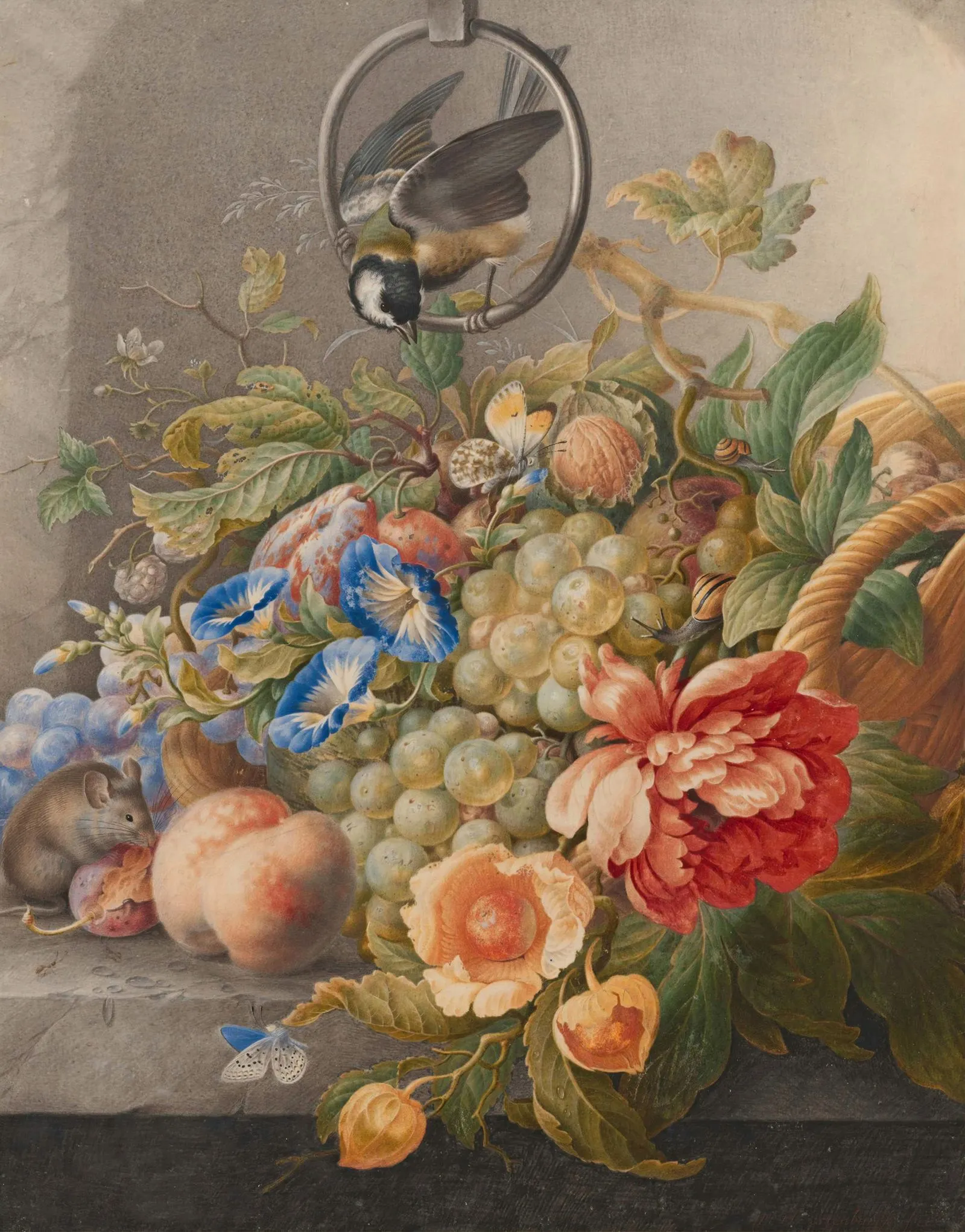 A still life painting featuring a bird, fruits, flowers, and a mouse