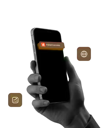 Hand holding a smartphone with app icons for instant access, charts, and global connectivity floating around.