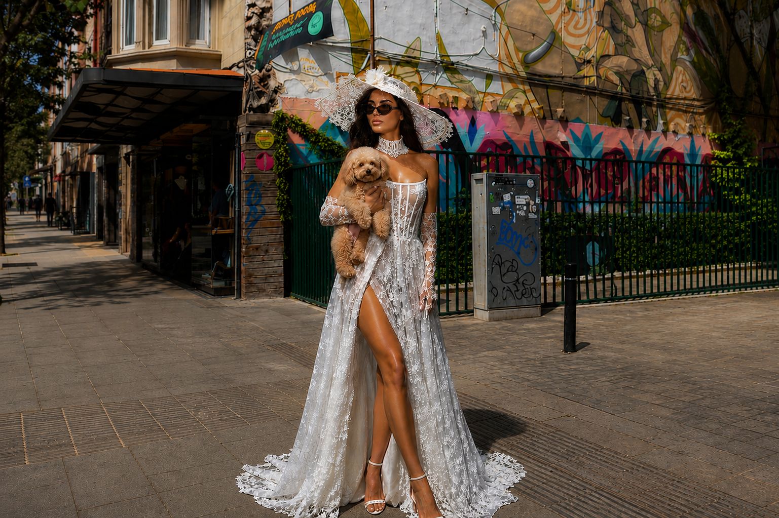 Donna elegante in vestito bianco ricamato e cappello con occhiali da sole tiene un cane marrone.