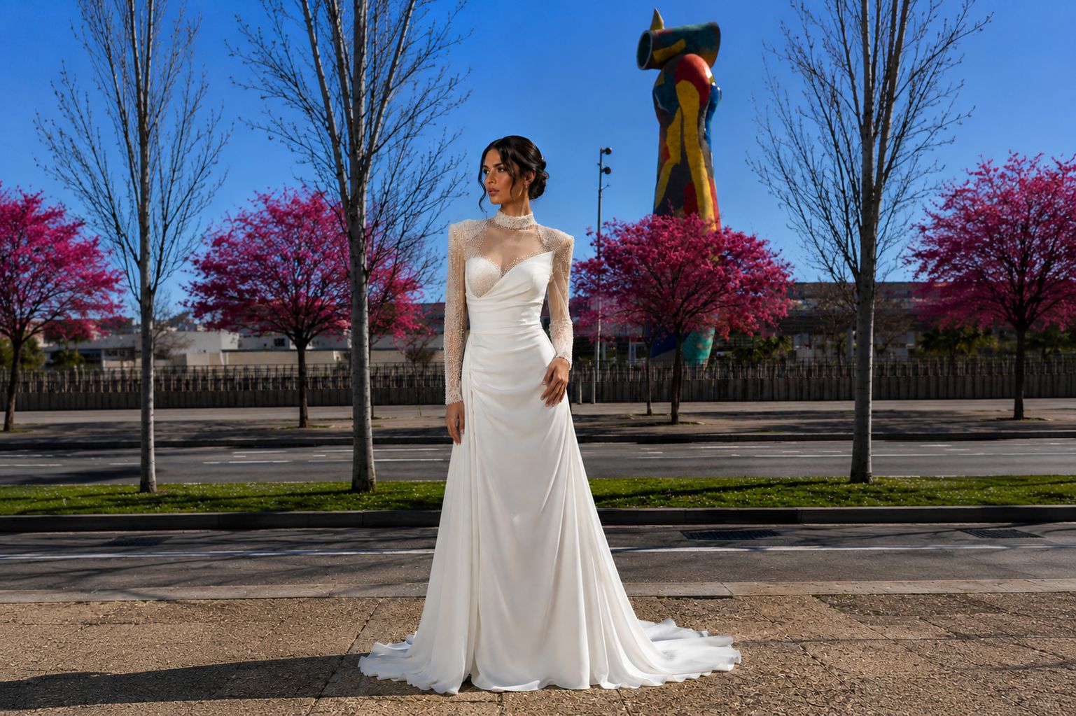 Donna in abito da sposa bianco con maniche in pizzo davanti a alberi e scultura colorata.