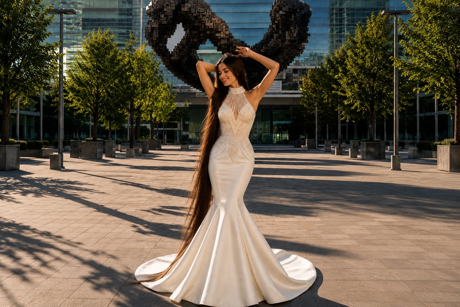 Donna con lungo vestito bianco aderente e capelli molto lunghi in città al tramonto.