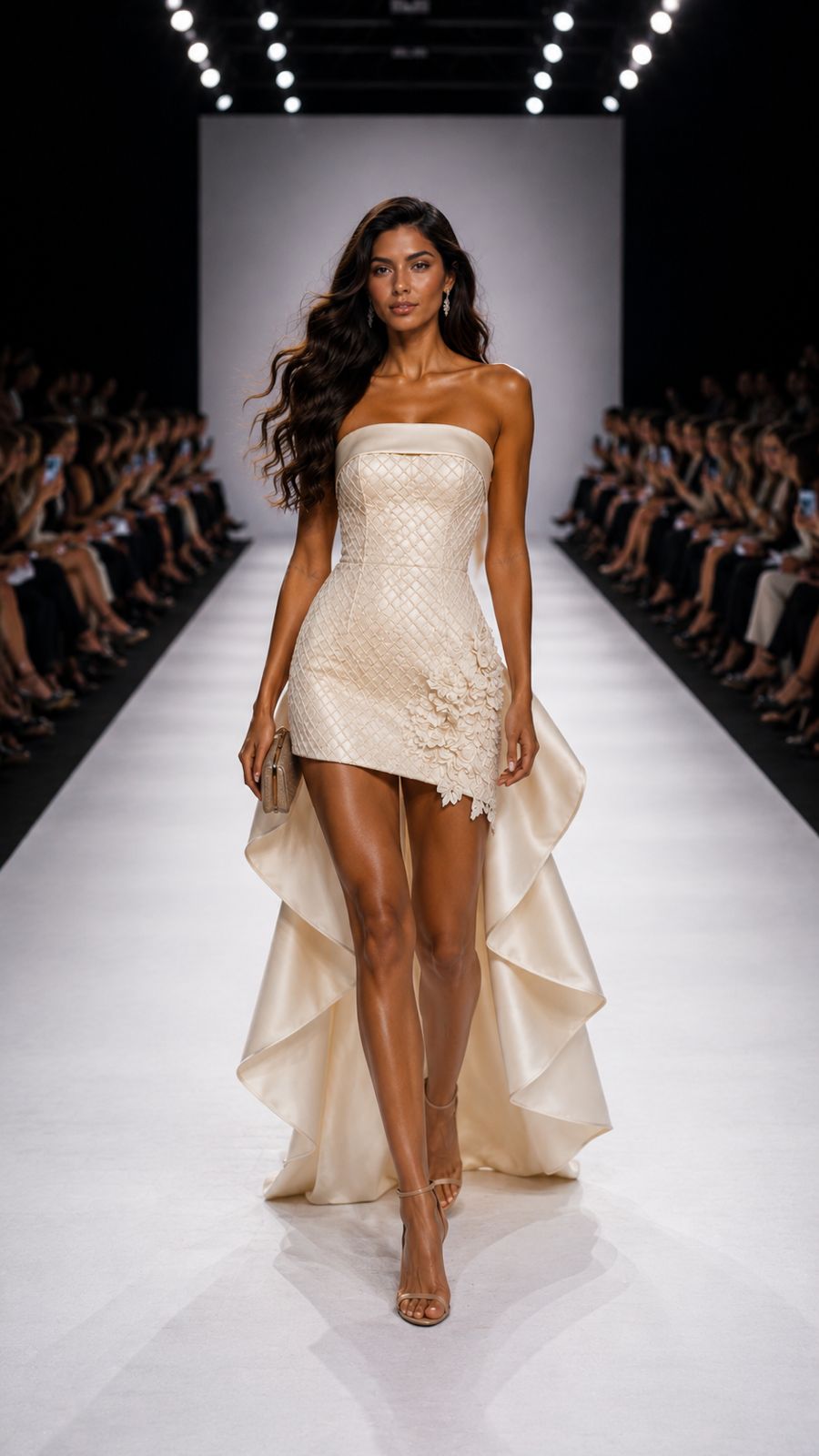 Modella con abito elegante beige corto davanti e strascico dietro cammina su passerella.