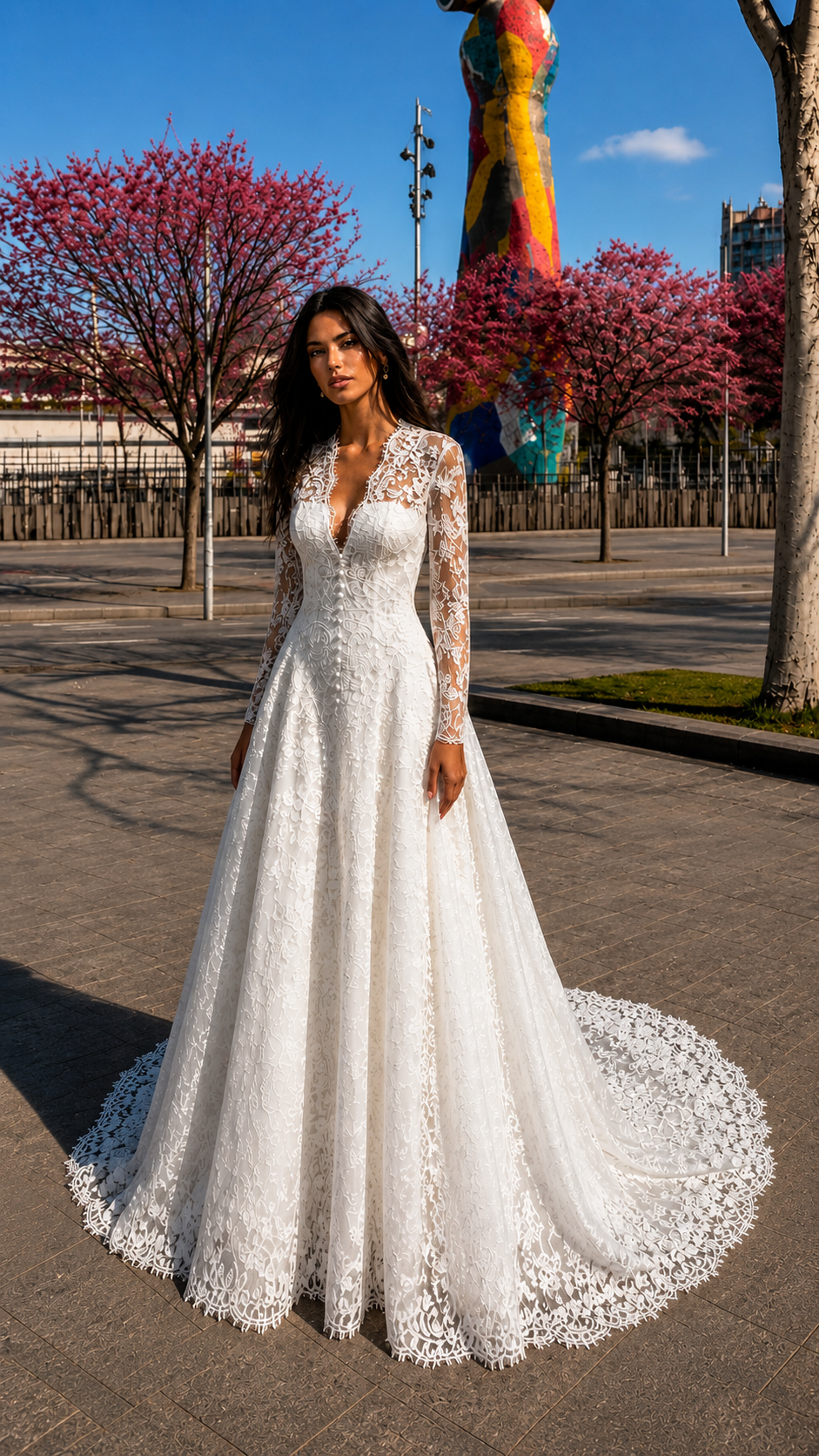 Donna con abito da sposa in pizzo bianco con maniche lunghe trasparenti e gonna ampia, in esterno.