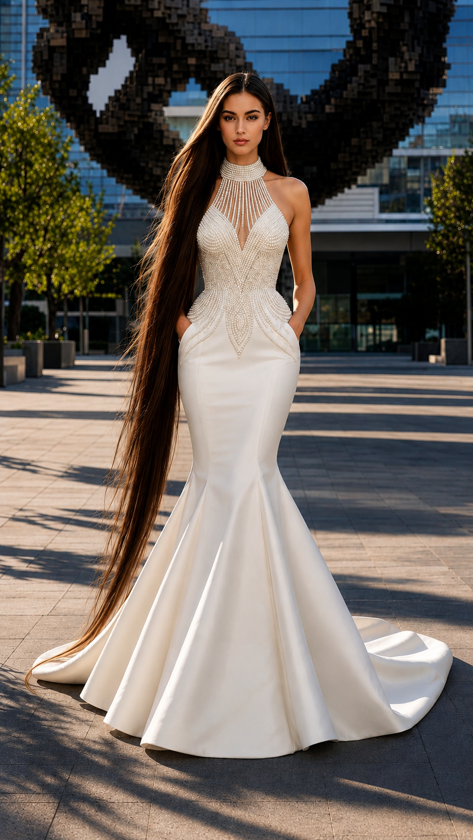 Donna con lungo abito bianco aderente con decorazioni perlacee e capelli lunghissimi mossi.