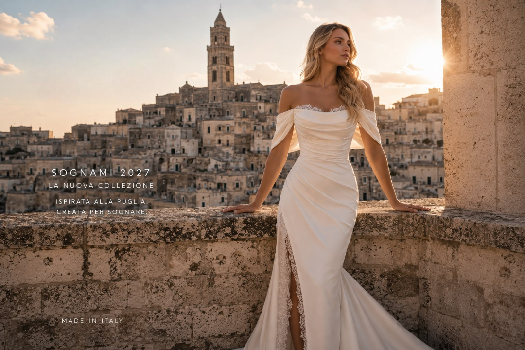 Donna con lungo vestito bianco aderente e capelli molto lunghi in città al tramonto.