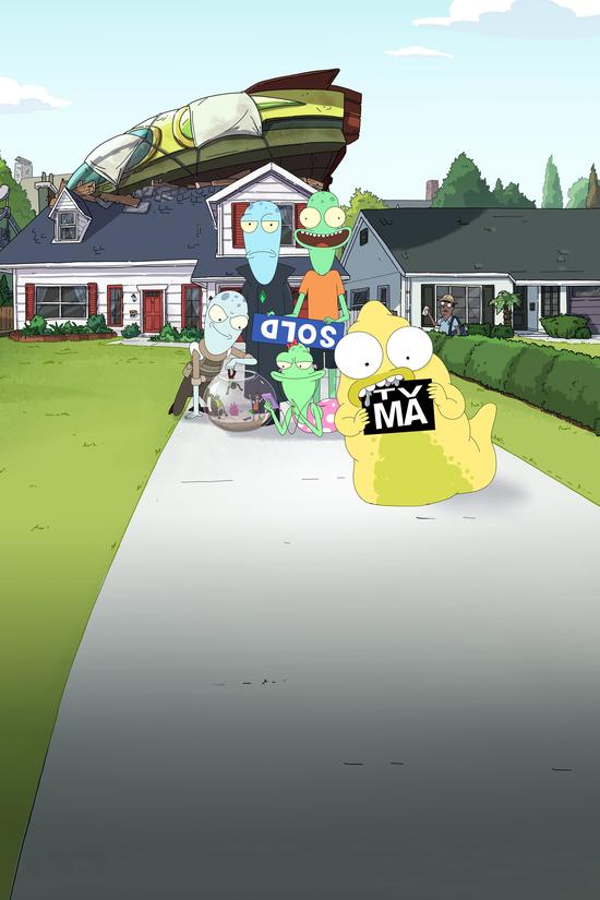 Animated alien family standing on a driveway in front of a house with a spaceship crashed into the roof, one holding a 'TV MA' sign and another holding a 'SOLD' sign.
