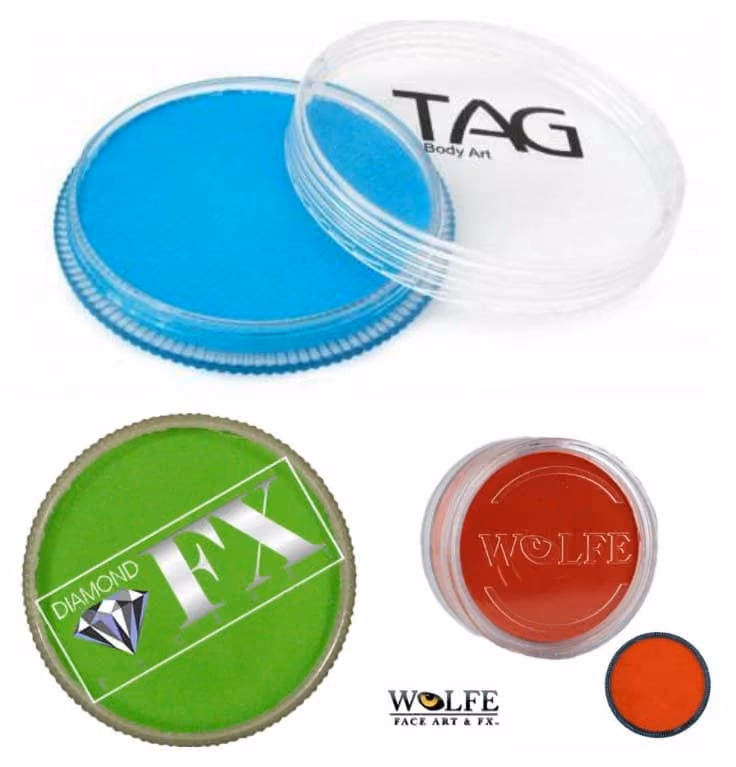 an image of three different face paints from three different brands "Tag", "Diamond FX" and "Wolfe"