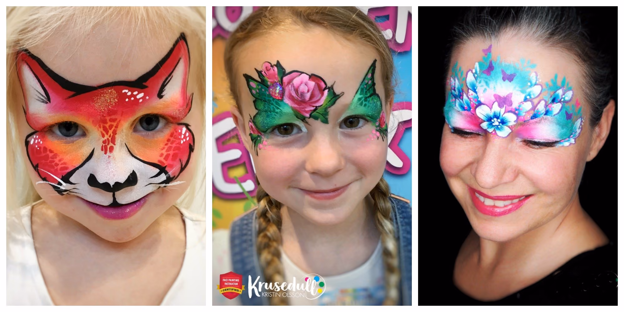 three different face paint designs - a fox a green and rose flower, and a blue and pink flower design