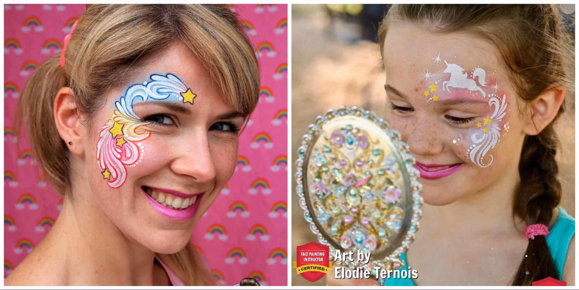 a woman wearing a cloud face paint design and a girl with a unicorn linework face paint design