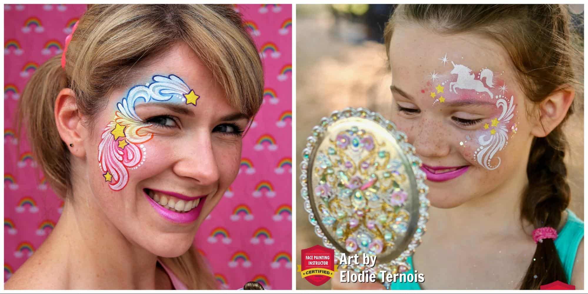 a woman wearing a cloud face paint design and a girl with a unicorn linework face paint design