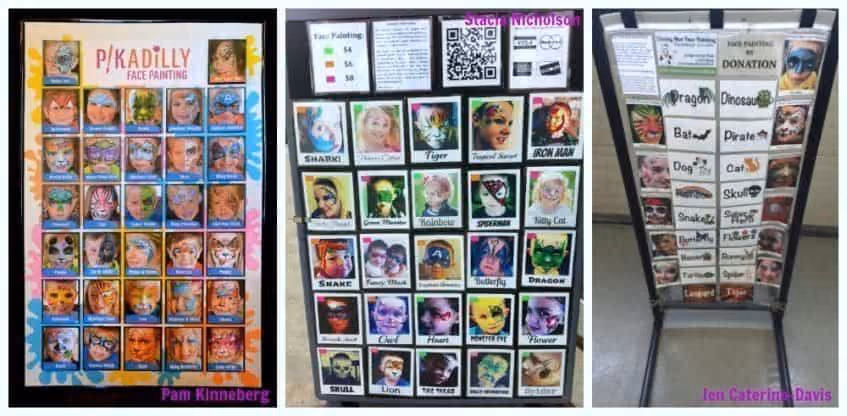 an image of three different face painting boards with various designs