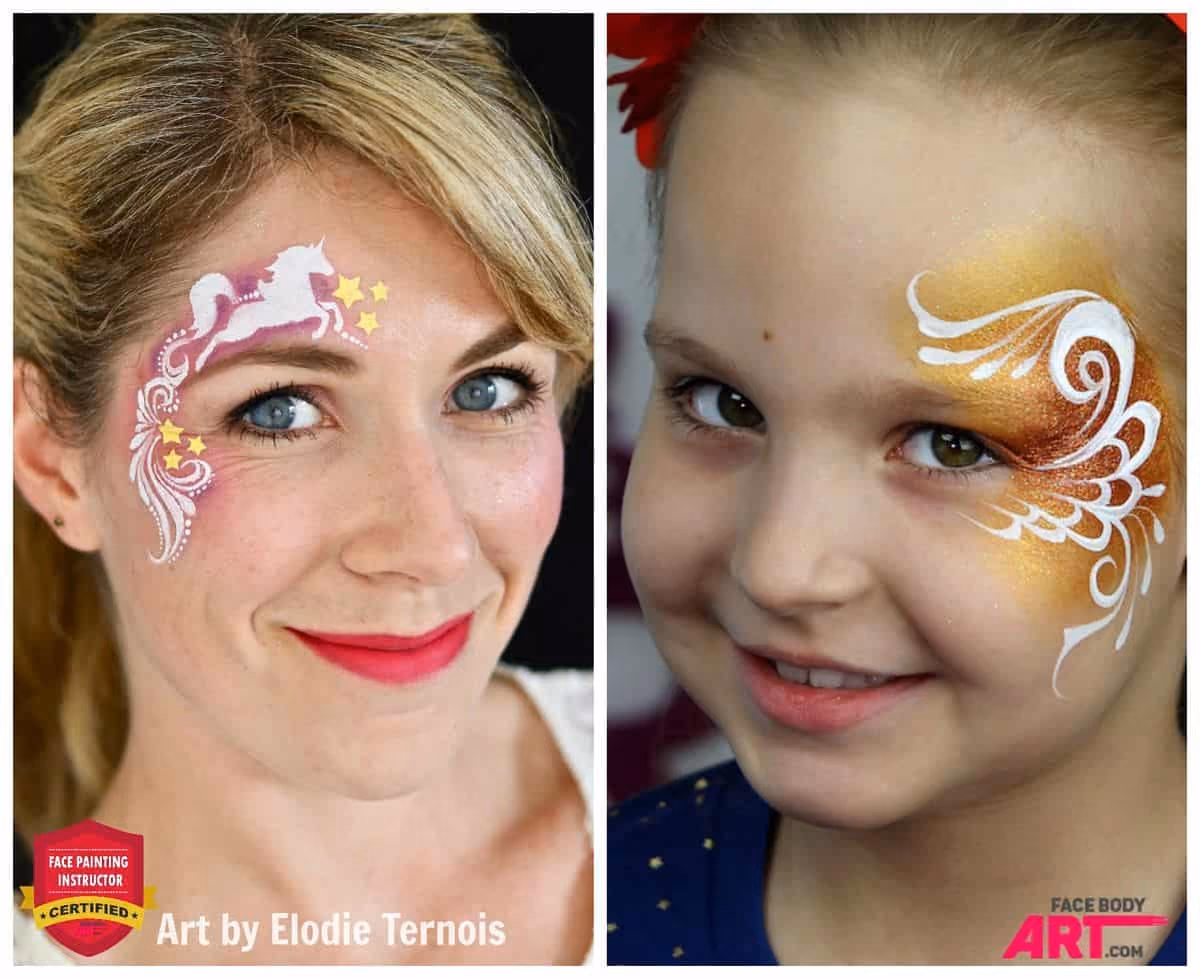 a woman and a child with different line work face paintings on them