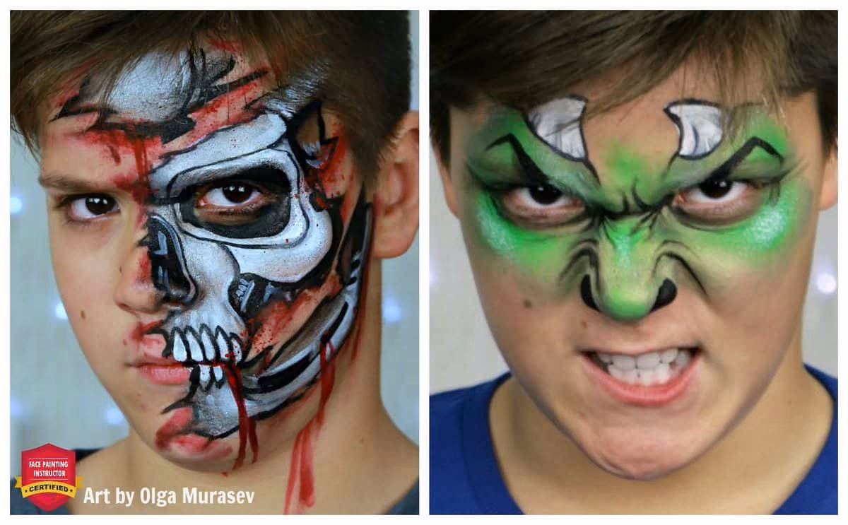 a boy wearing two face paint designs — a terminator and a monster face paint