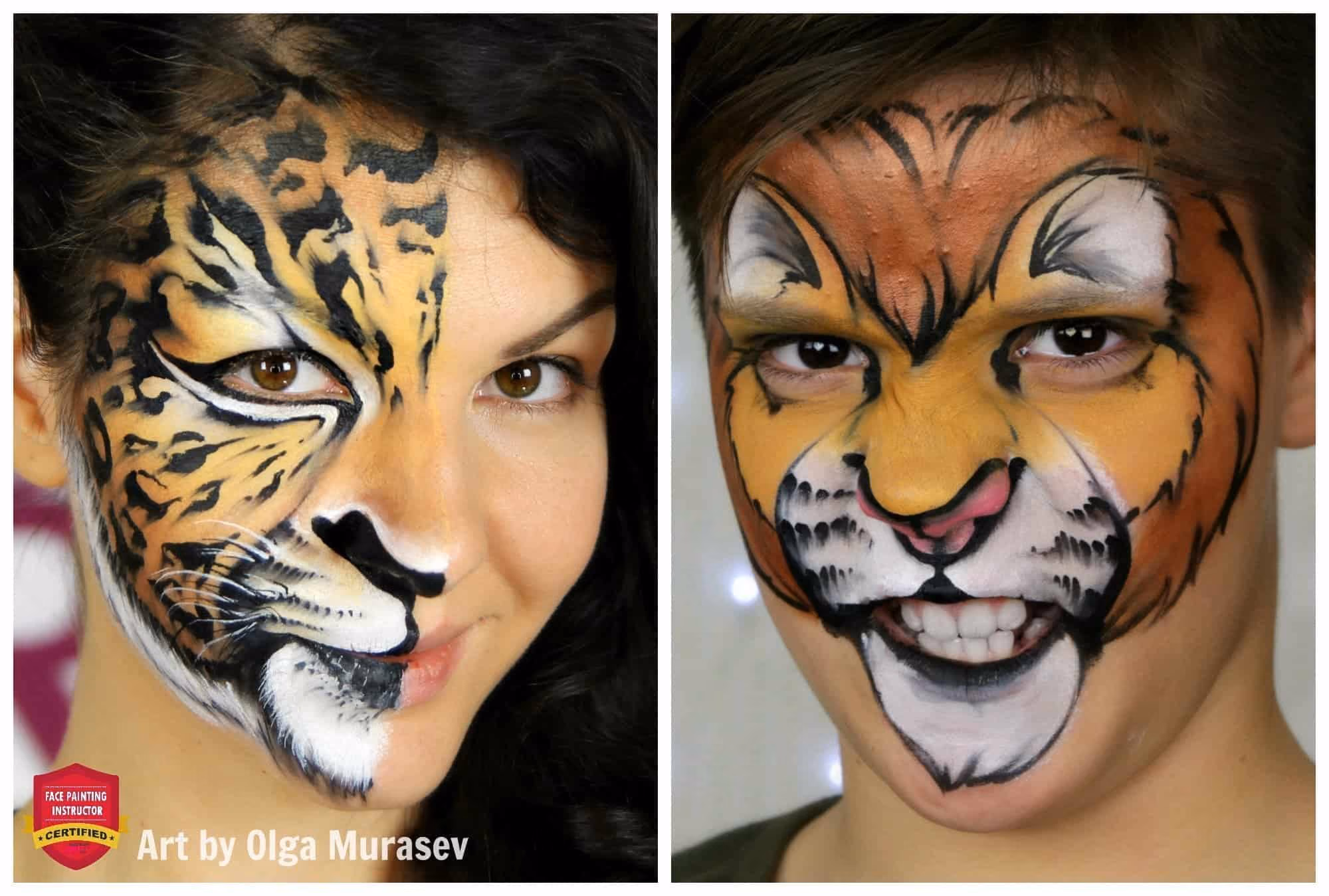 a woman with a leopard face paint on half of her face and a boy with a lion face paint on his whole face