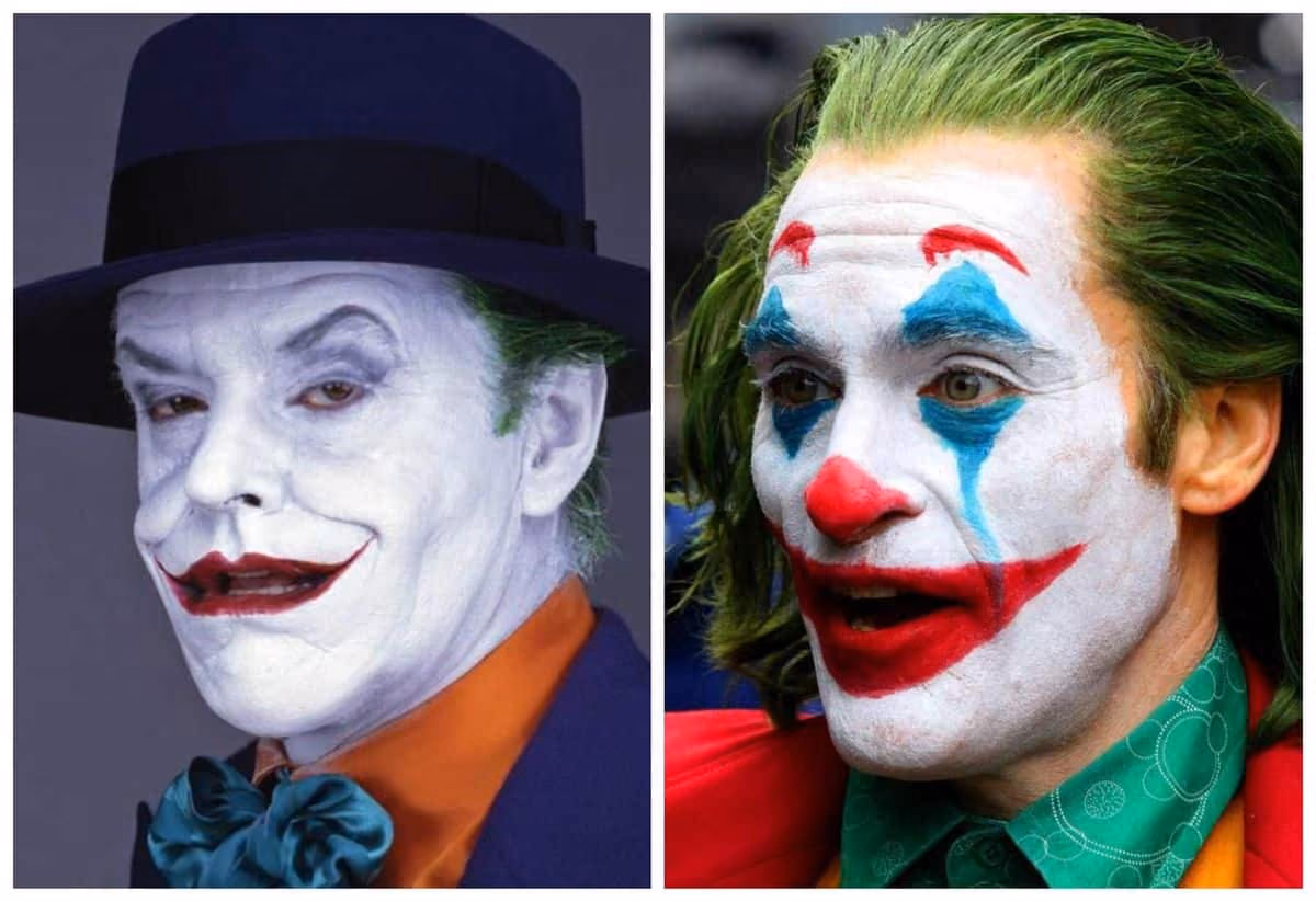 an image of the jack nicholas joker and the other joker is joaquin phoenix