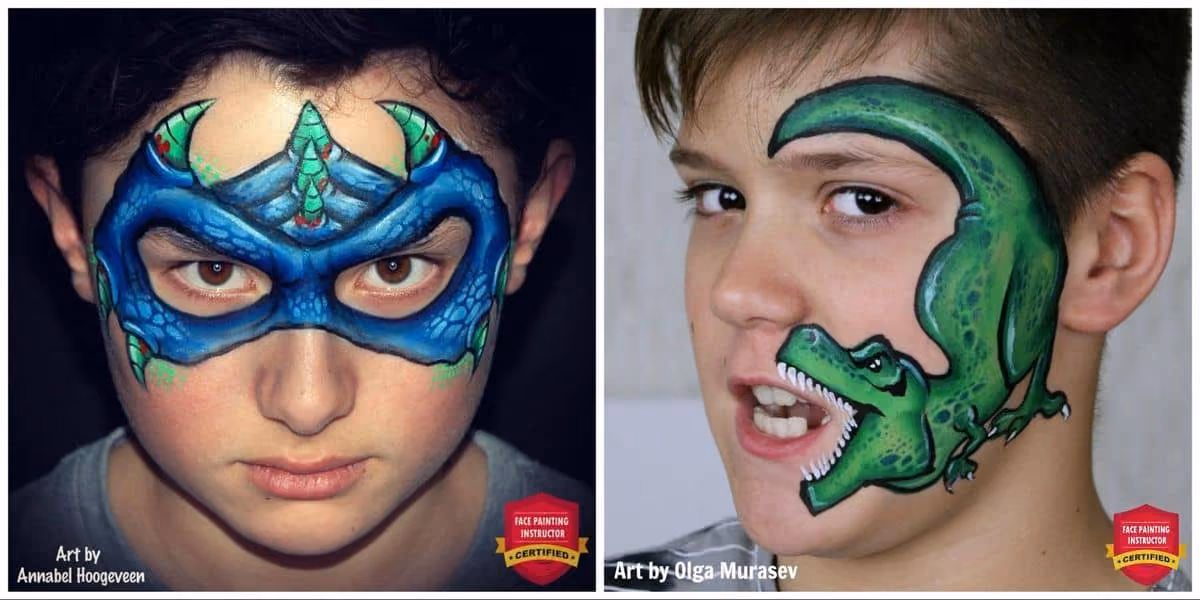 image of two boys wearing different dinosaur face paint designs