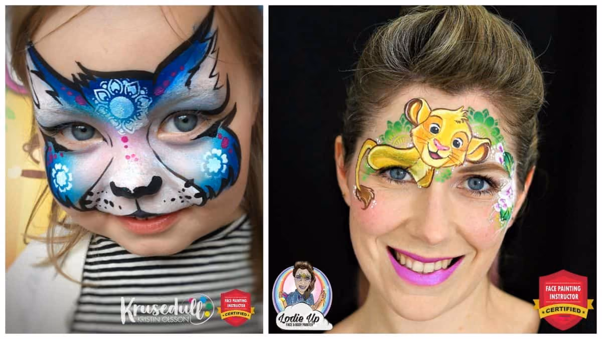 an image of a girl with a blue cat face paint design and a woman with a face paint of simba from lion king