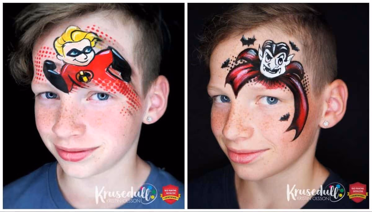 two images - one is a boy with dash from incredibles painted on his forehead and the other is a boy with dracula face painted above his left eye