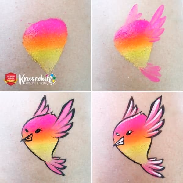 a four image step-by-step presentation of creating a gradient yellow to purple bird