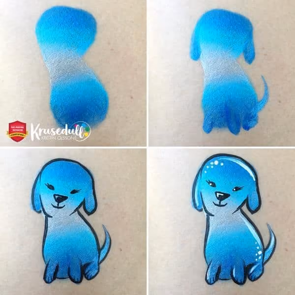 four images of a step-by-step painting of a gradient blue dog