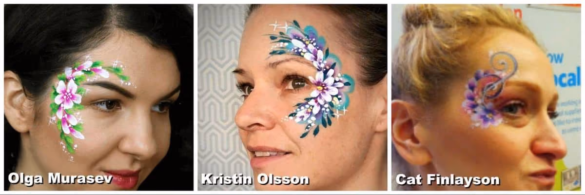 three different flowers face painting designs from three different artists