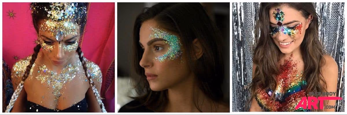 two women covered with glitter and a woman with a glitter face paint design