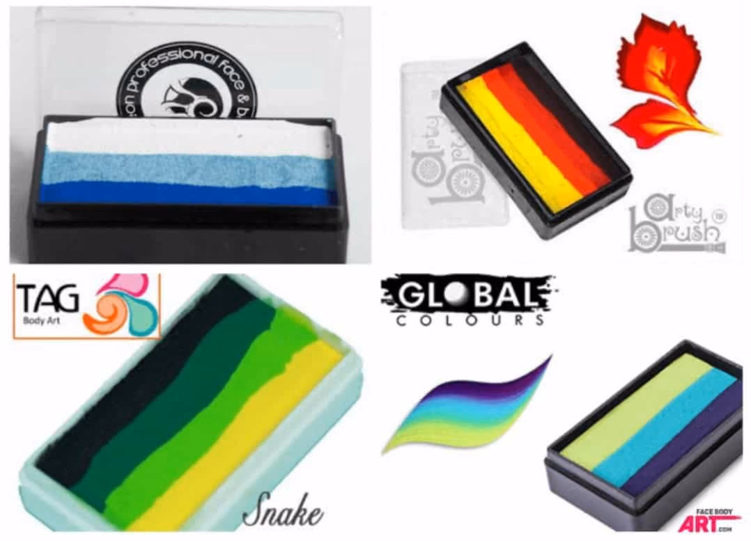 four differently colored face painting split cakes from different brands