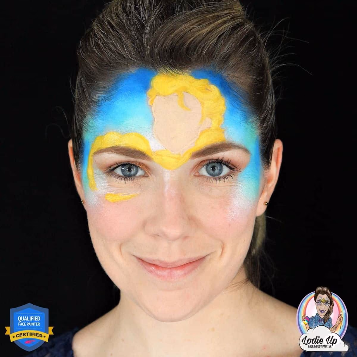 a woman with a elsa face paint design. elsas face is not detailed and the stars are not painted yet.