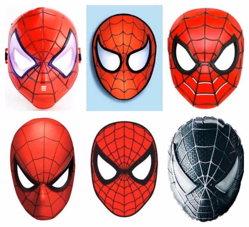 image of six different versions of the iconic spiderman masks - the last one being of the dark spiderman