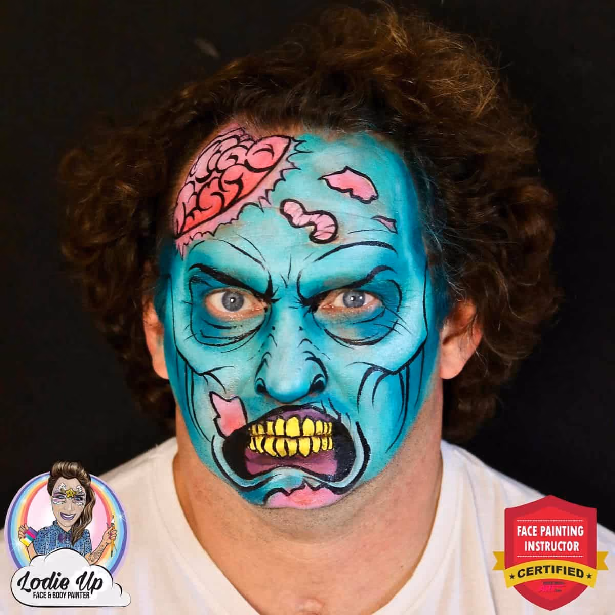 a man with a bright and spooky zombie face paint design that needs shading