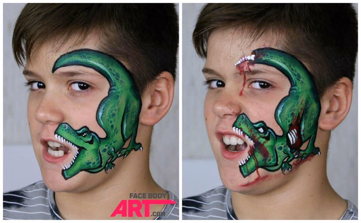 a boy with two dinosaur face paintings - one of a normal dinosaur and one with a zombie dinosaur