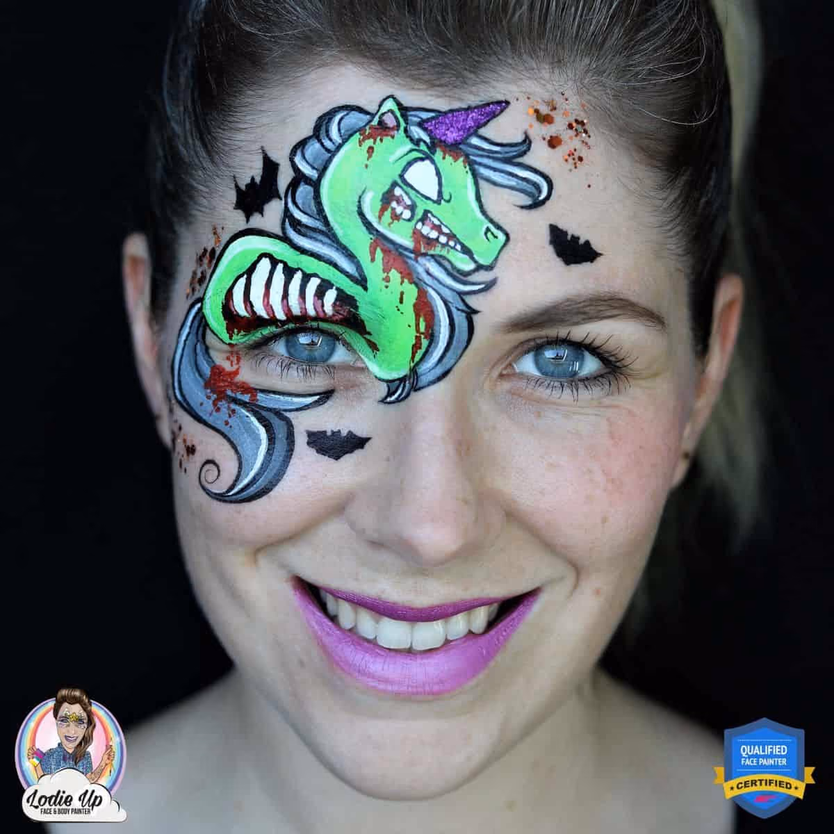 a woman looking at the camera with a compleated colorful zombie face paint design