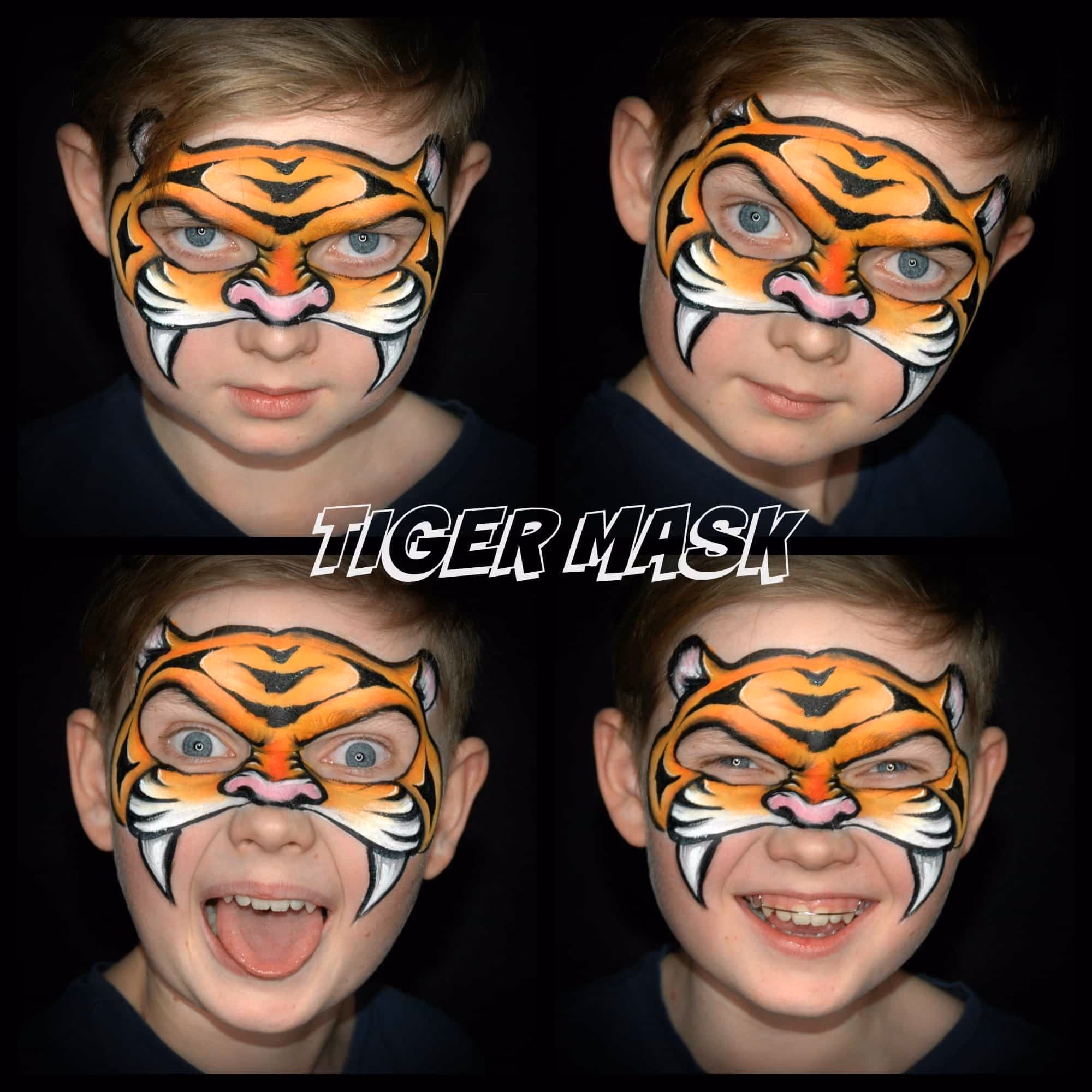 four images of the same boy posing with a tiger face painting design