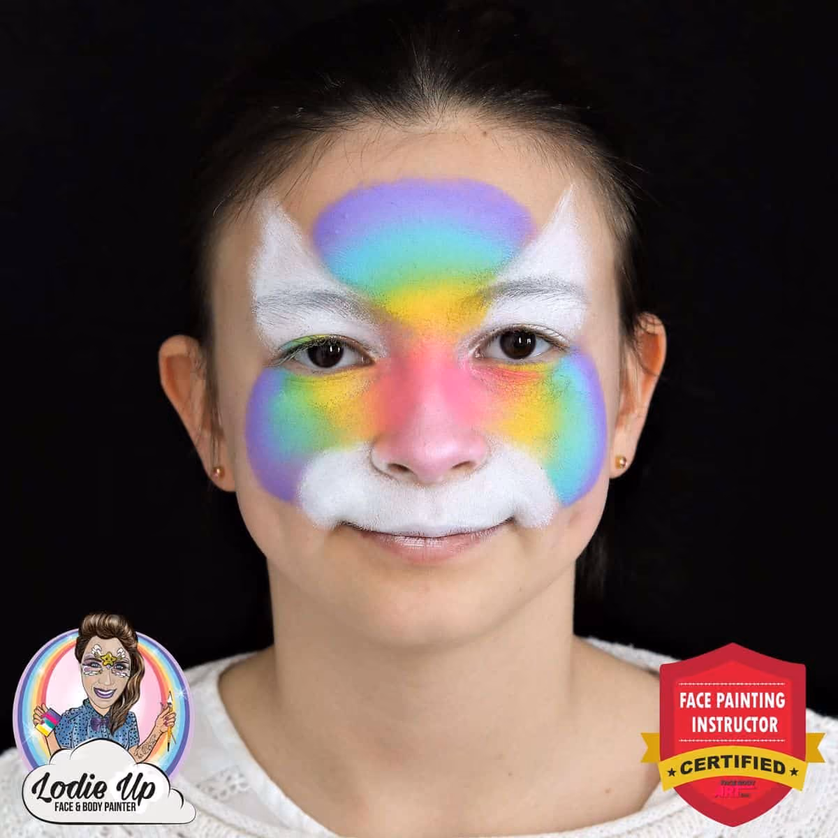 a girl with a base of a colorful tiger face paint on her
