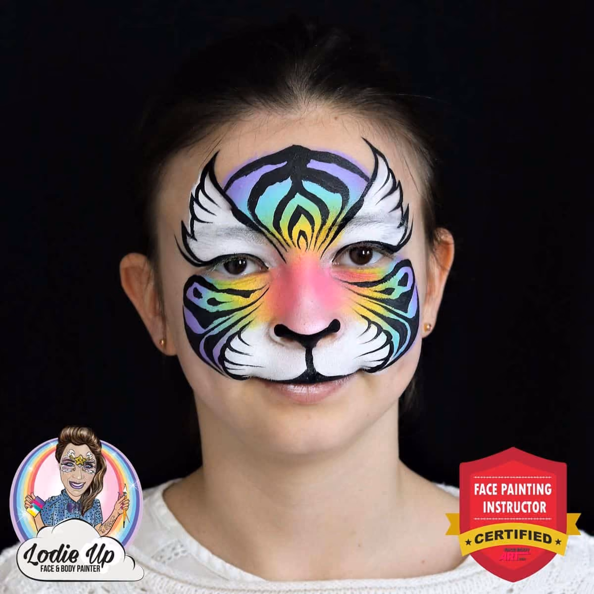 an image of a girl wearing a compleated colorful tiger face painting design