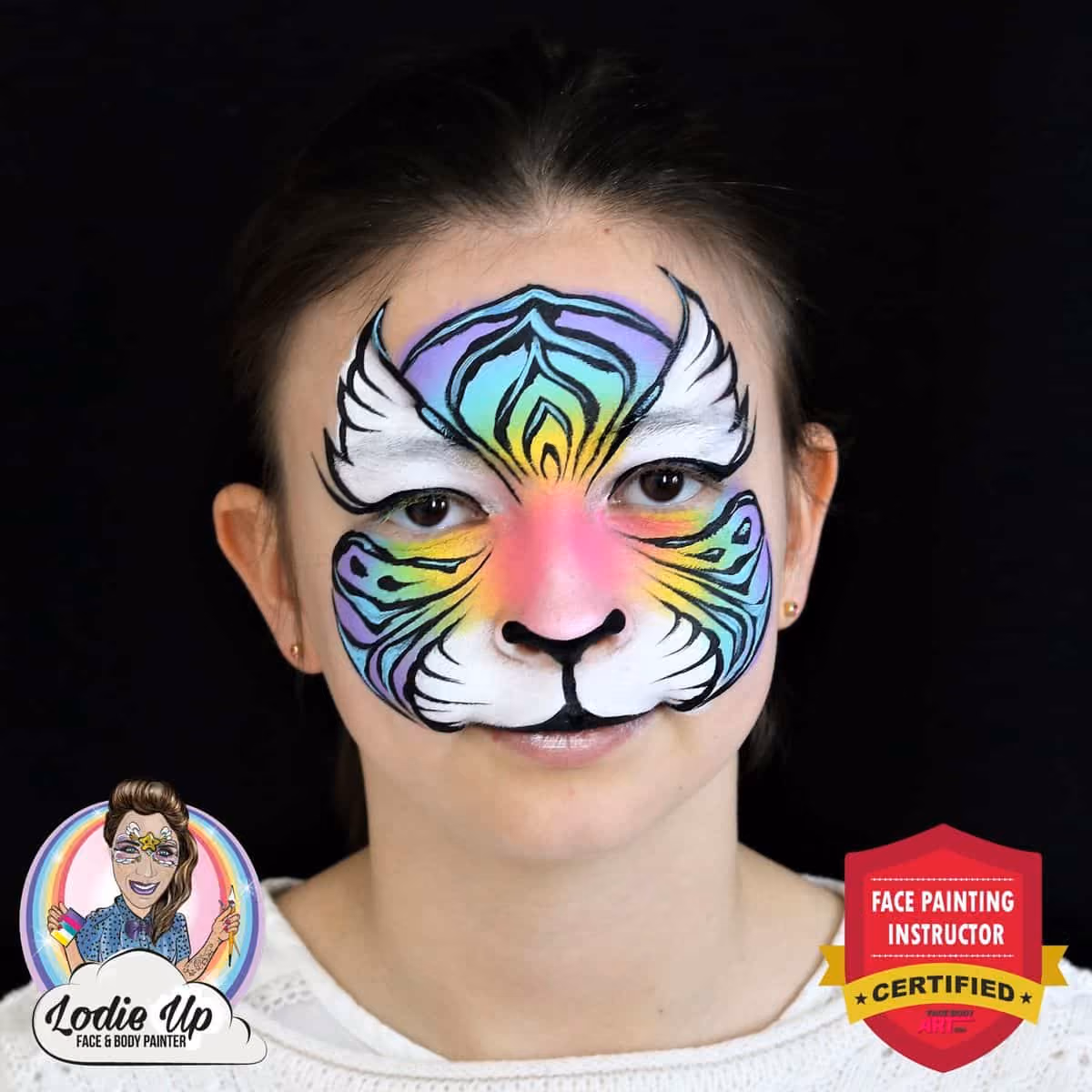 an image of a girl wearing a colorful tiger face painting design