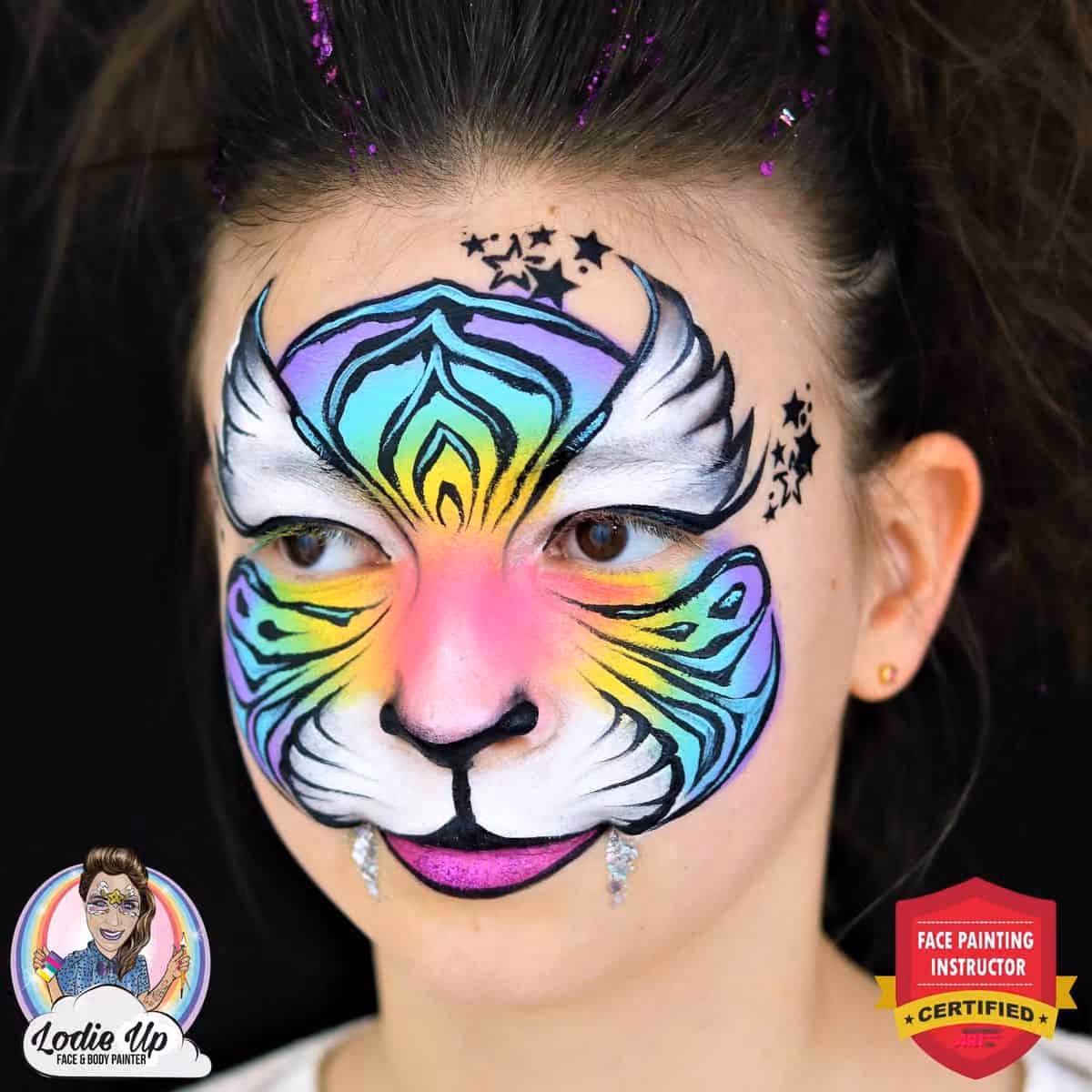 a girl looking to the side wearing a colorful tiger face paint design