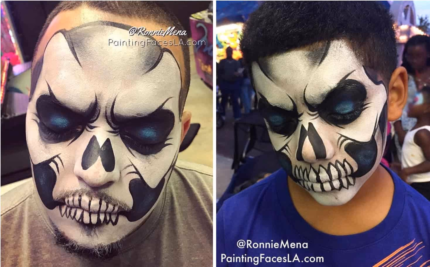 two men with the same skeleton skull face paint design