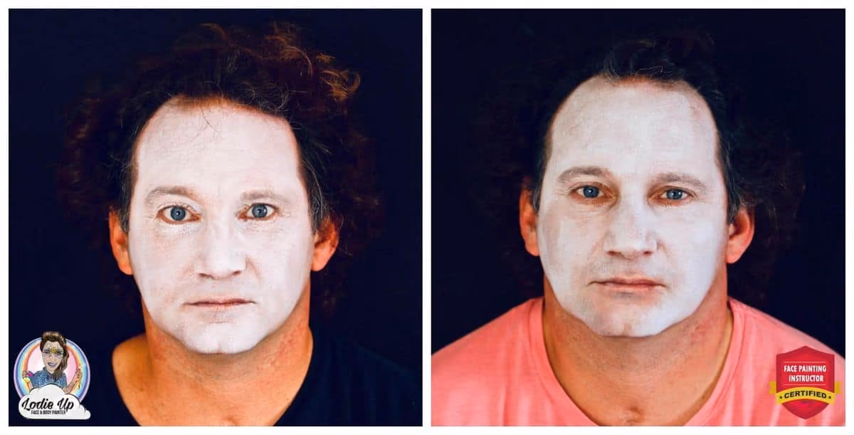 two images of a man. he wears white face paint on both images