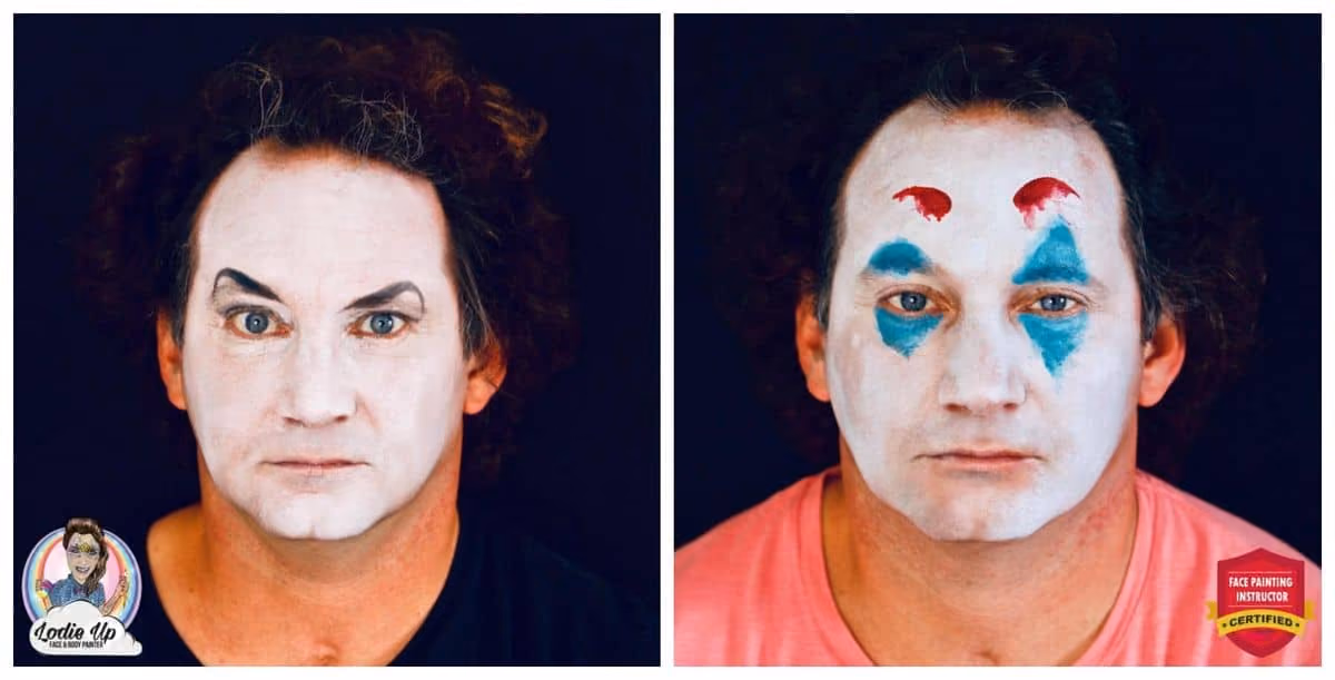 two images of the same man with the base of the joker face paint on his face